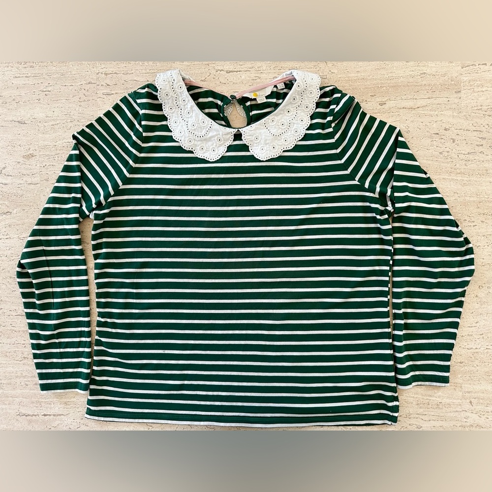 Mini Boden Mini Me Kathleen Top, Green & White Stripes, Broderie Collar, Sz 14